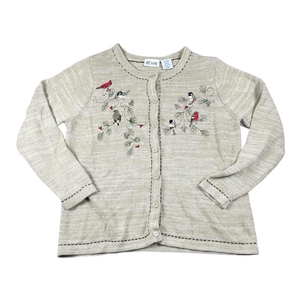 Vintage Blair Embroidered Bird Cotton Blend Button Knit Sweater Cardigan Women L